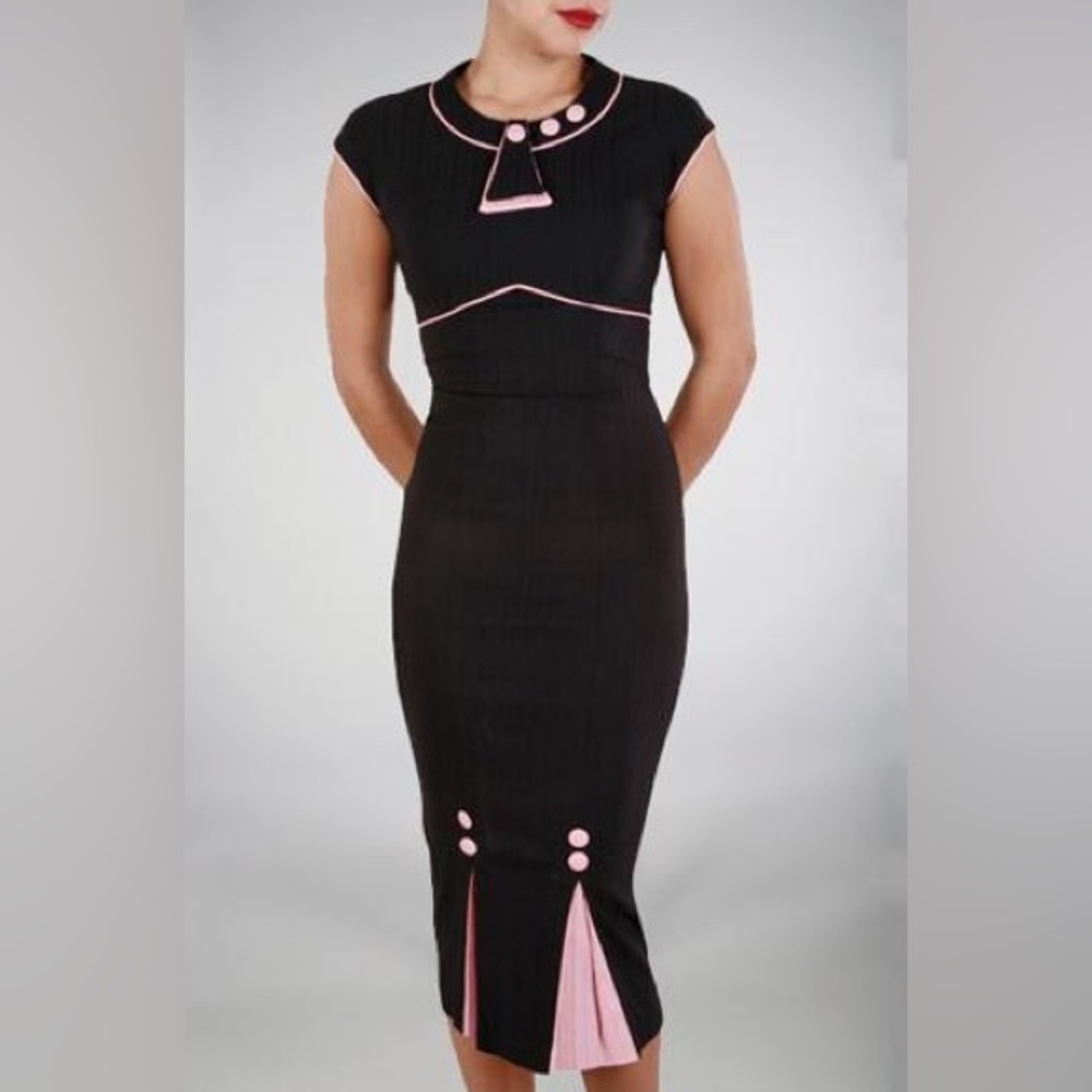 30's Bombshell, Black & Pink, Stretch Pin-up, Bodycon Sheath Dress